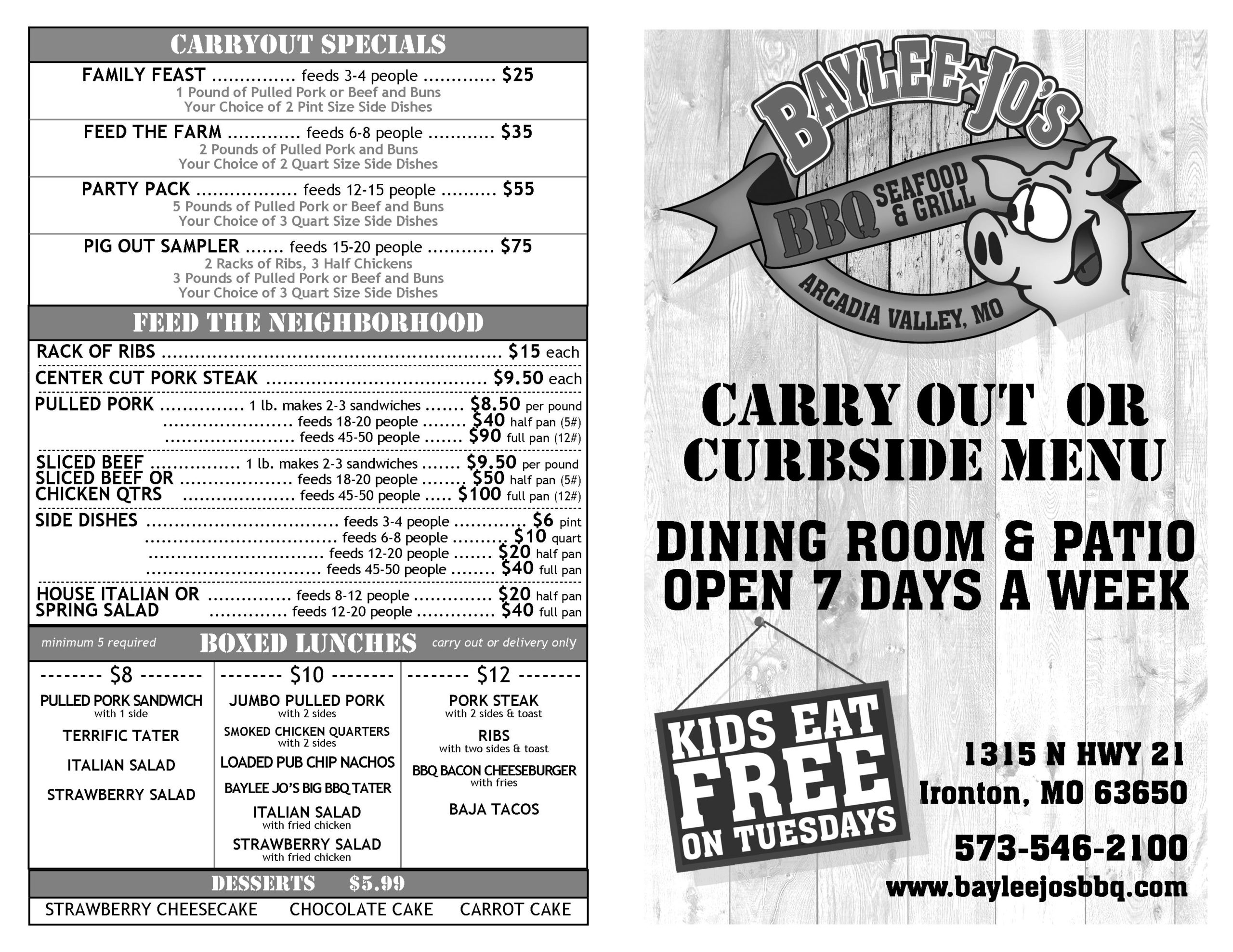 Carryout Menu | Baylee Jo's BBQ